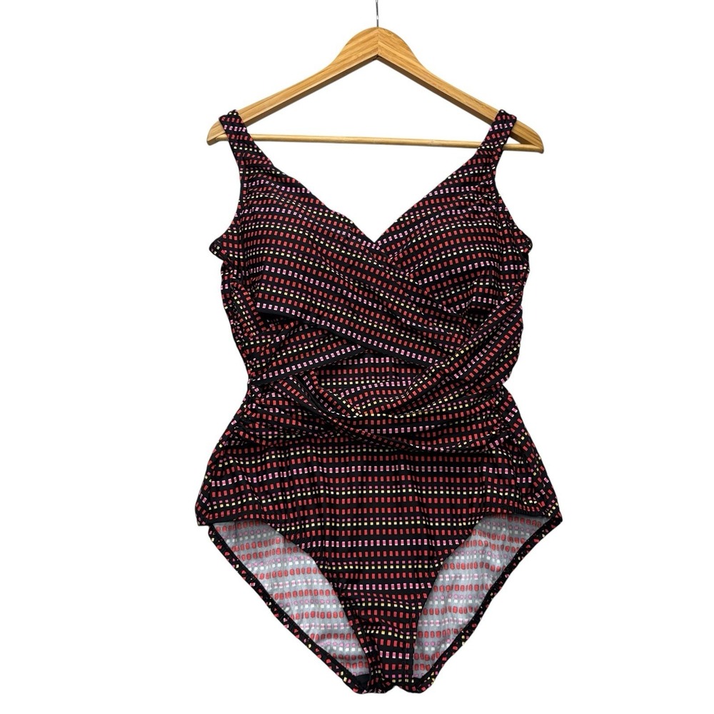 Lands End Womens Swimsuit 14 Black Dots Wrap One Piece Swim Modest Tummy Control
